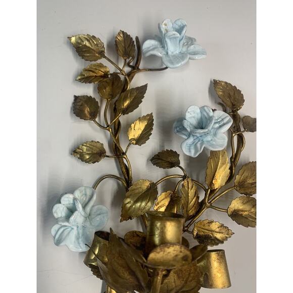 Vintage Hollywood Regency Mid Century Modern Gold Metal Candle Sconce W Flowers - Picture 4 of 9
